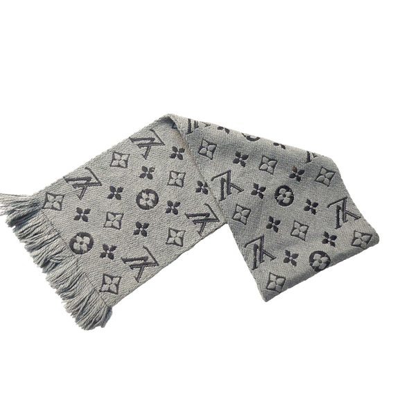 Louis Vuitton LV Monogram Logomania Gray Black Cashmere Silk Scarf Pre-Owned - Picture 3 of 16